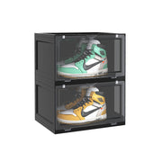 SOGA 2 Tier Black Portable Shoe Organiser Sneaker Footwear Folding Plastic Bin Stackable Storage Box with Magnetic Door