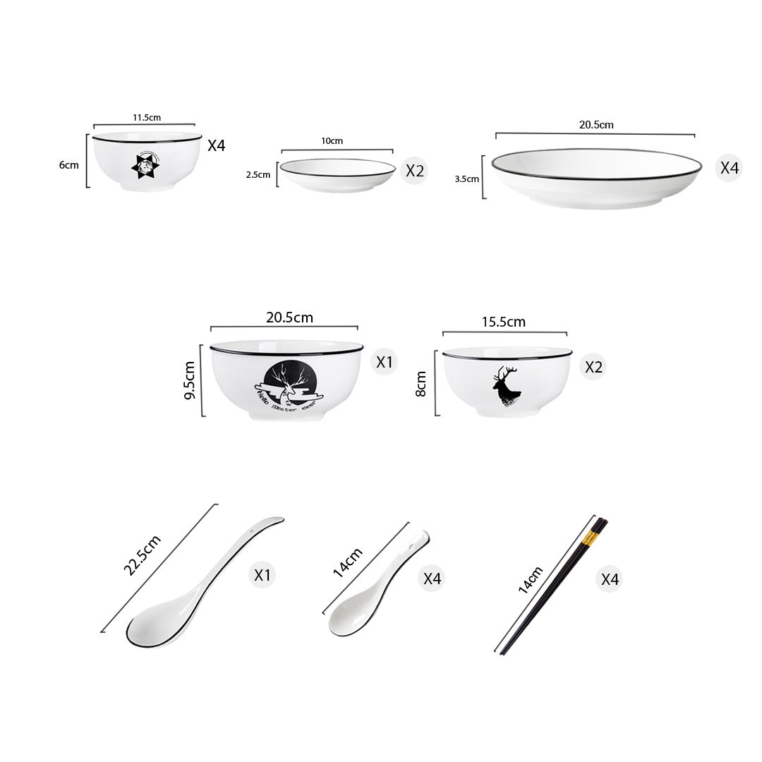 SOGA White Antler Printed Ceramic Dinnerware Set Crockery Soup Bowl Plate Server Kitchen Home Decor Set of 13