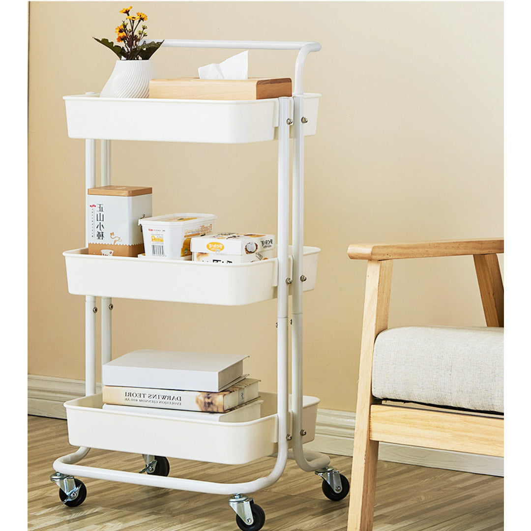 SOGA 3 Tier Steel White Movable Kitchen Cart Multi-Functional Shelves Portable Storage Organizer with Wheels