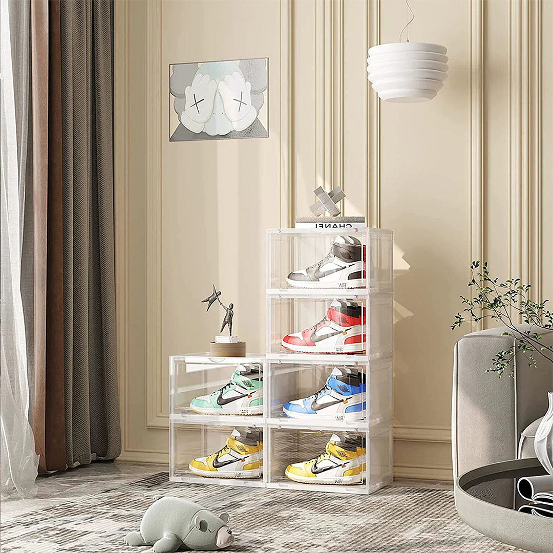 SOGA 4 Tier Transparent Portable Shoe Organiser Sneaker Footwear Folding Plastic Bin Stackable Storage Box with Magnetic Door