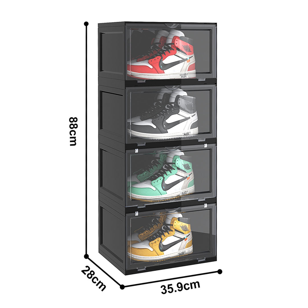 SOGA 4 Tier Black Portable Shoe Organiser Sneaker Footwear Folding Plastic Bin Stackable Storage Box with Magnetic Door