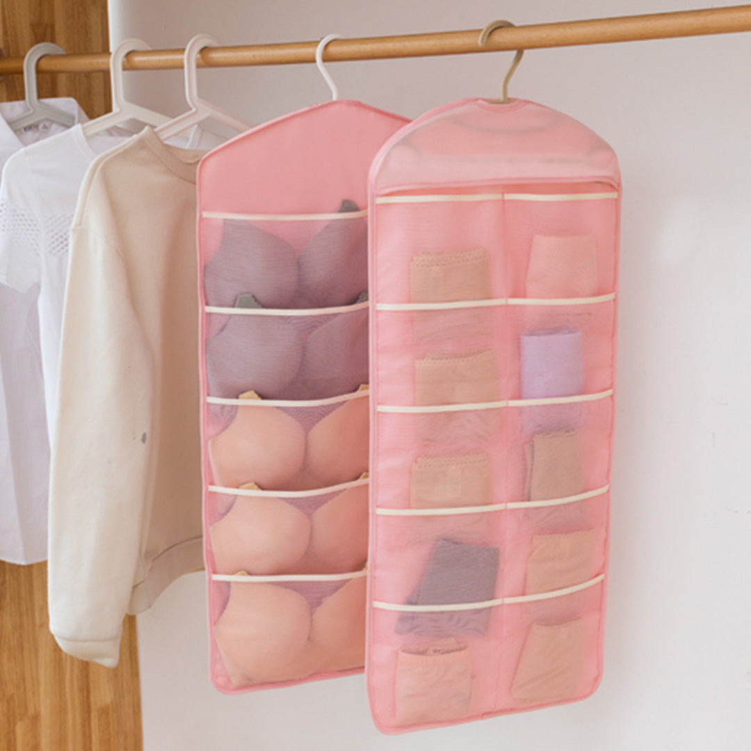 SOGA Pink Double Sided Hanging Storage Bag Underwear Bra Socks Mesh Pocket Hanger Home Organiser