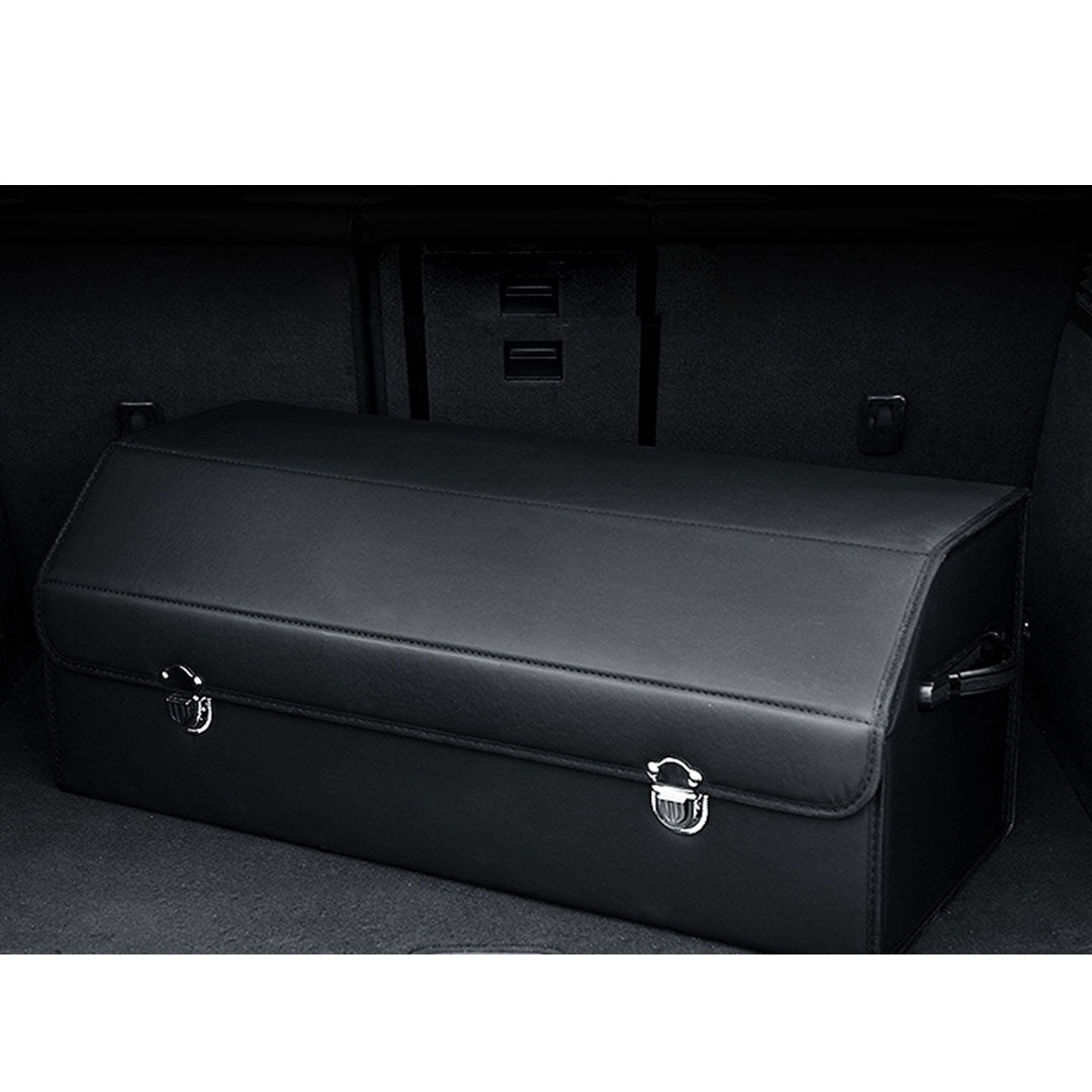 SOGA Leather Car Boot Collapsible Foldable Trunk Cargo Organizer Portable Storage Box With Lock Black Large