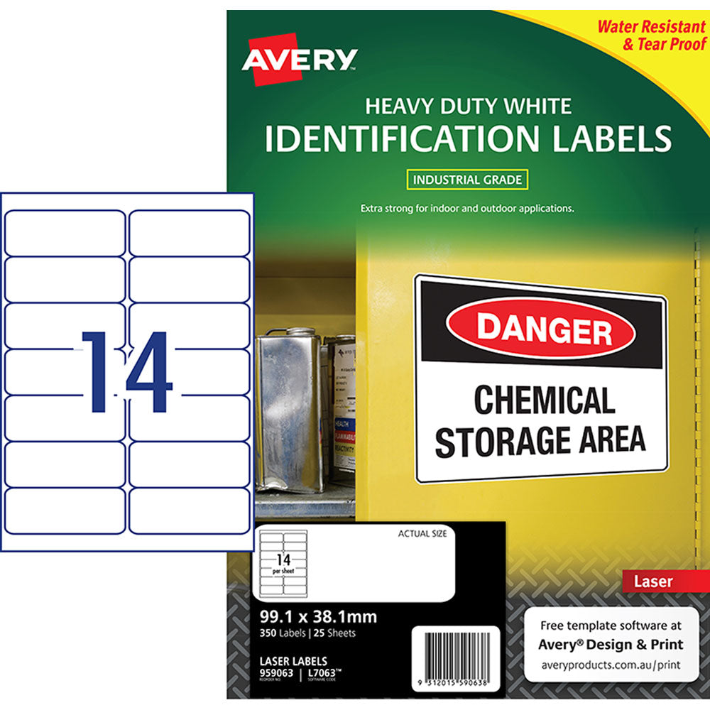 Avery Heavy Duty ID Label L7063 White Laser 99.1x38.1mm 14up 25 Sheets - Cafe Supply
