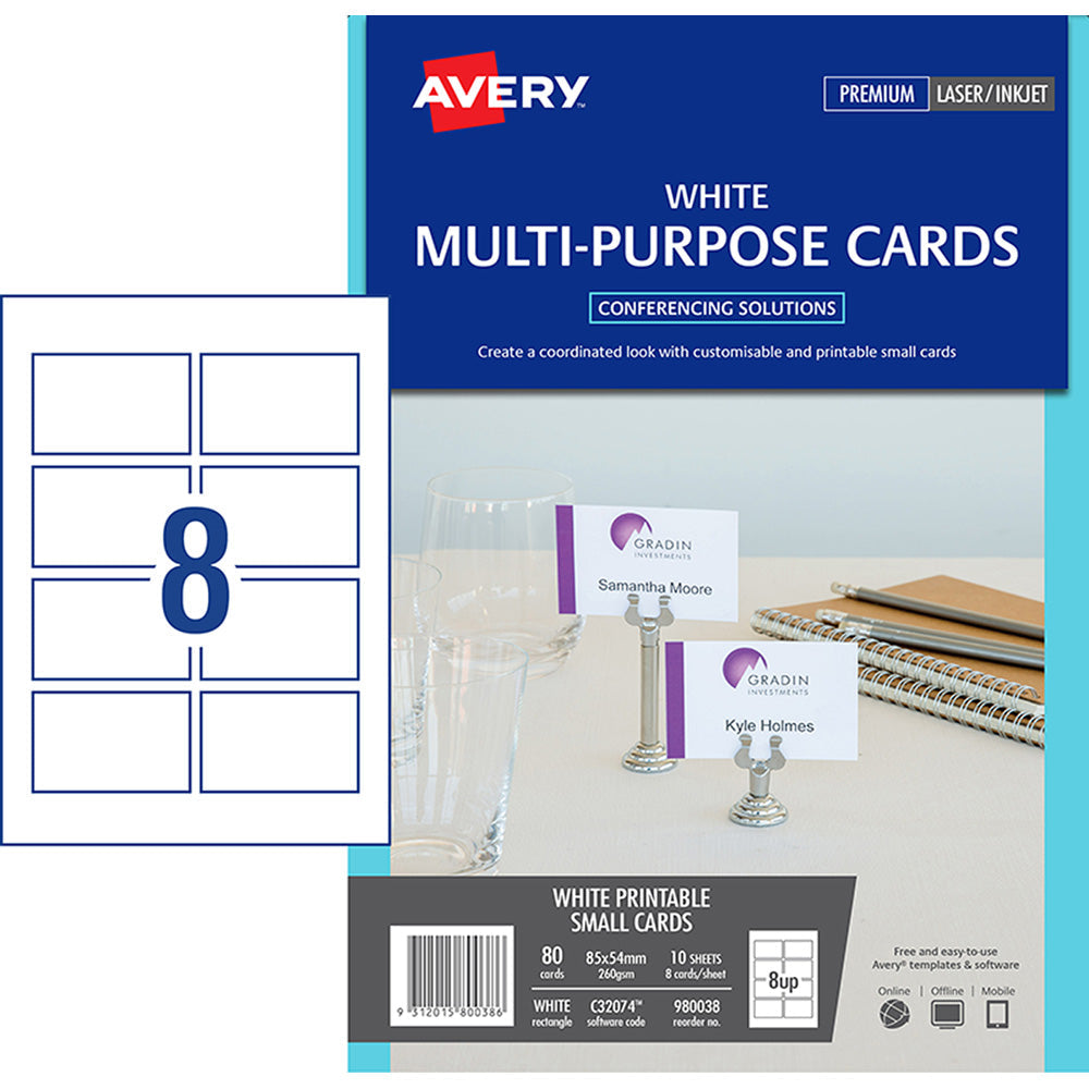 Avery Cards Multi Purpose  Inkjet Laser 8up 10 Sheets - Cafe Supply