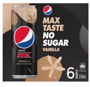 Pepsi Max Vanilla No Sugar Soft Drink Cans 6 x 330ml