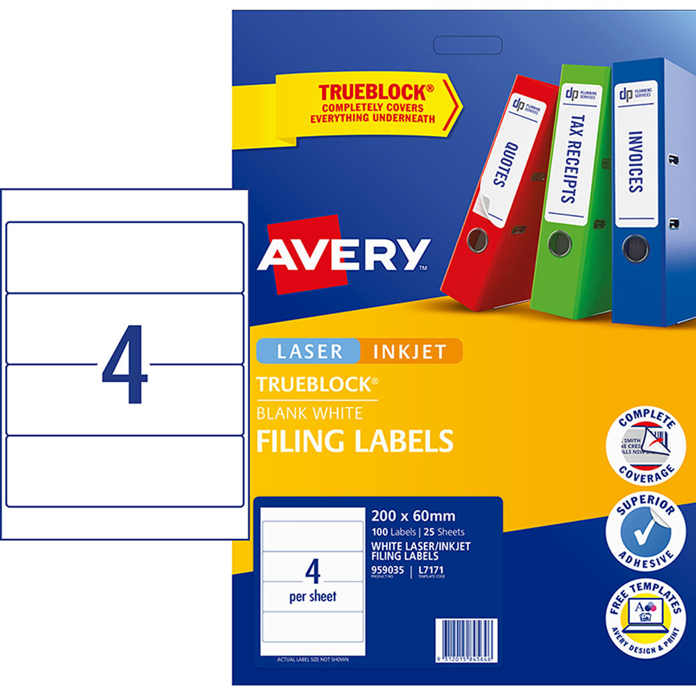 Avery Label L7171 Lever Arch 4up 25 Sheets 200x60mm - Cafe Supply