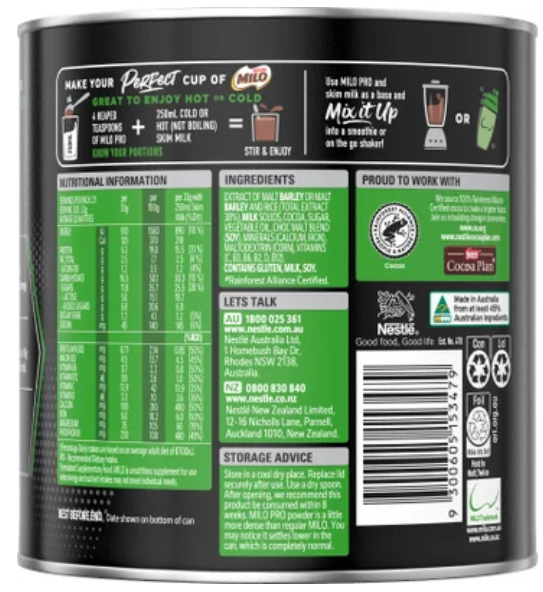 Nestle Milo Pro Chocolate Malt Powder Hot or Cold Drink Tin 700g