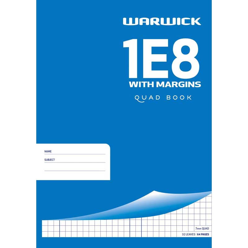 Warwick Exercise Book 1E8 7mm Quad With Margin 32 Leaf A4 - Cafe Supply