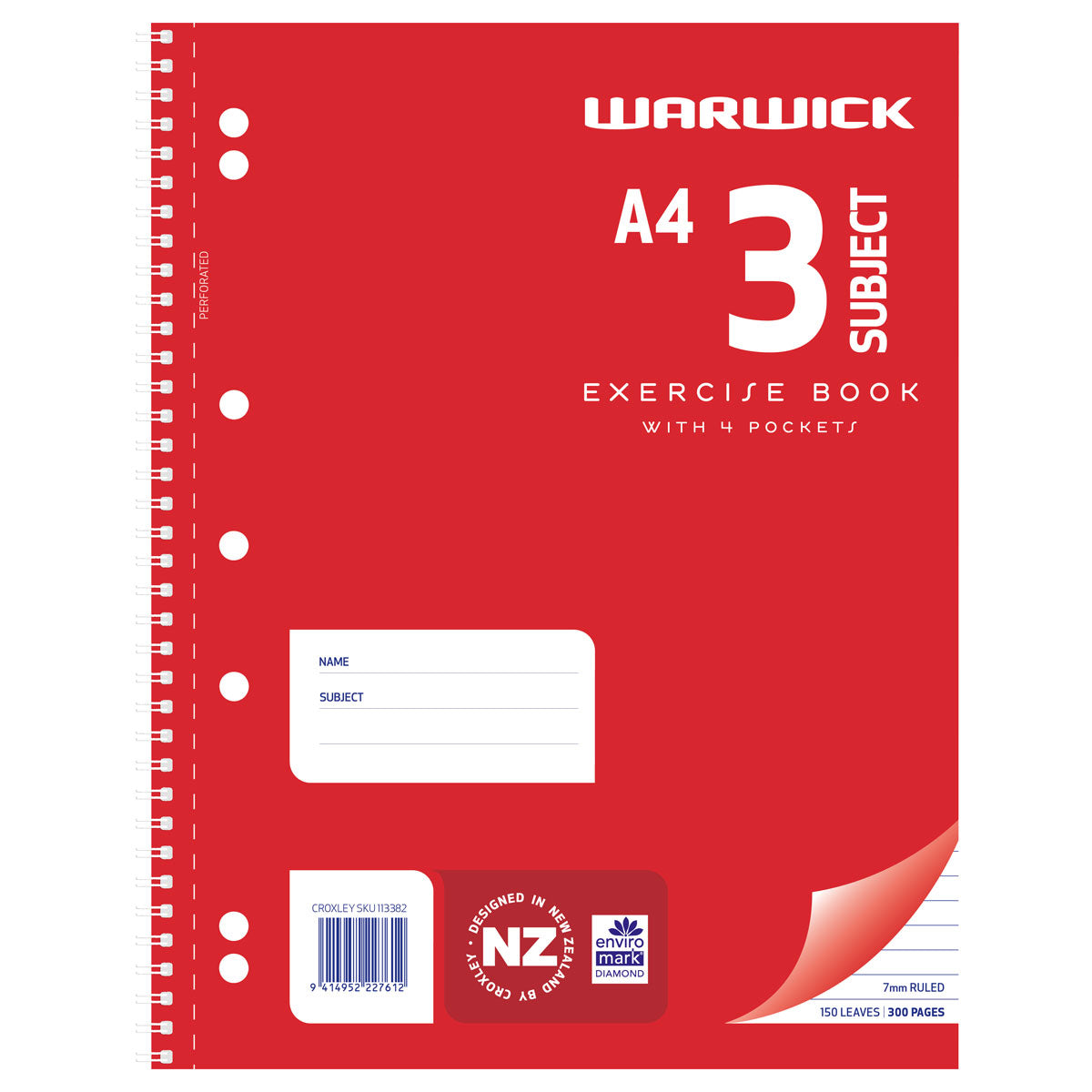Warwick Exercise Book Spiral 3 Subject 150 Leaf A4 Ruled 7mm - Cafe Supply