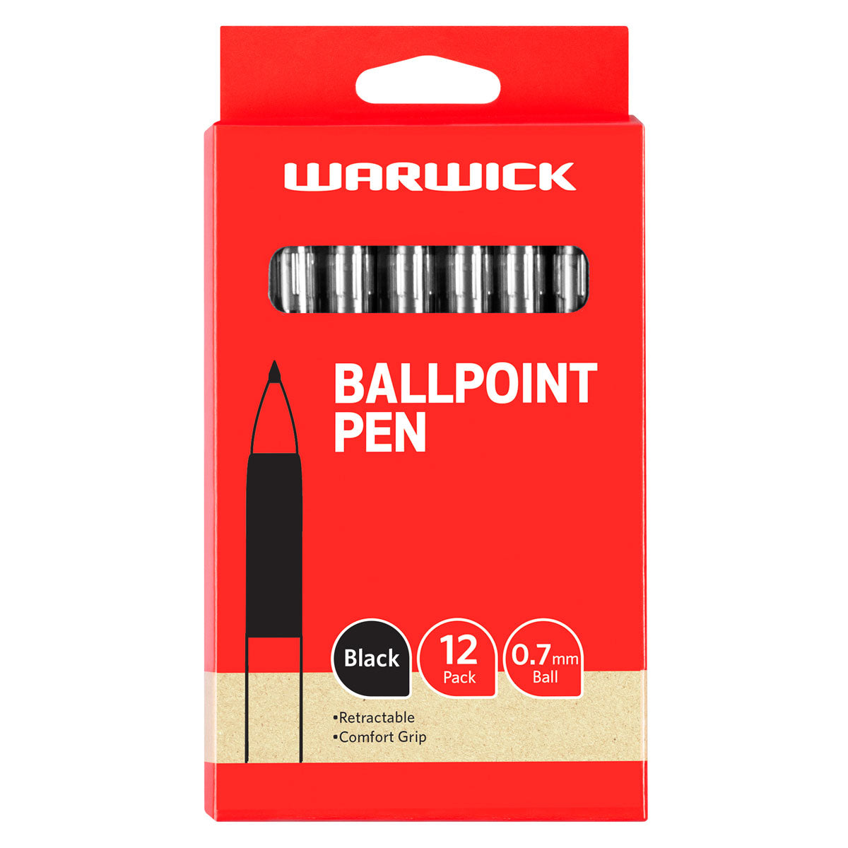Warwick Pen Ballpoint Black Retractable 0.7mm Box 12 Comfort Grip - Cafe Supply