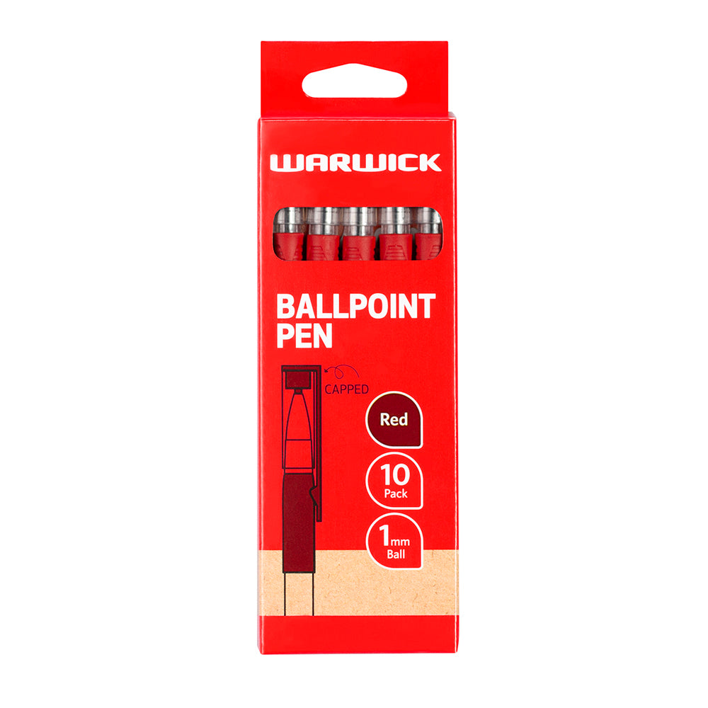 Warwick Pen Ballpoint Red Capped Medium Box 10 - Cafe Supply