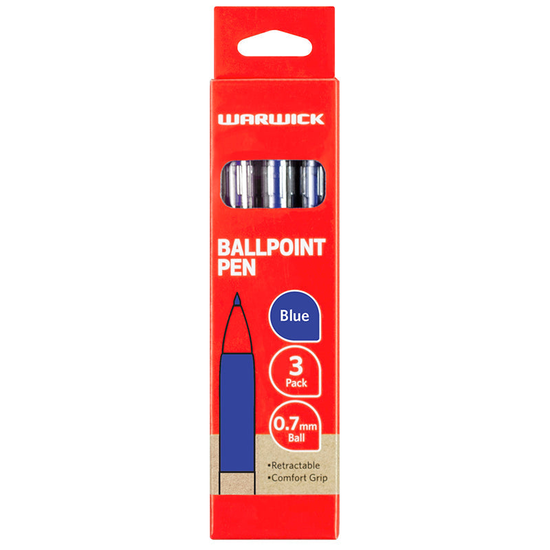 Warwick Pen Ballpoint Blue Retractable Medium Comfort Grip 3 Pack - Cafe Supply