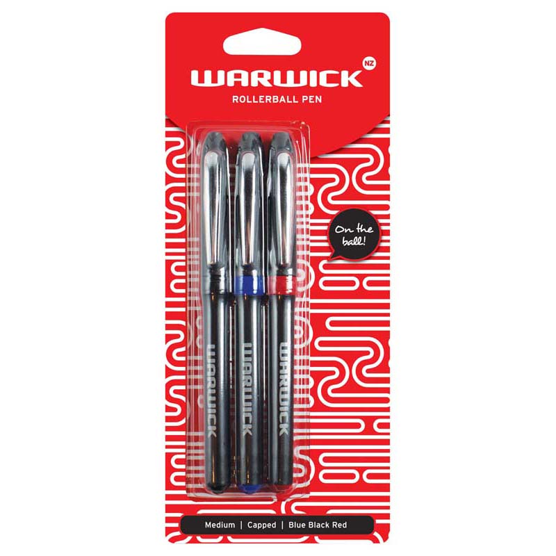 Warwick Pen Rollerball Capped Medium Blue Black Red 3 Pack - Cafe Supply