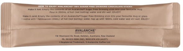 Avalanche 99% Sugar Free Drinking Chocolate Sticks 10 x 20g - Cafe Supply