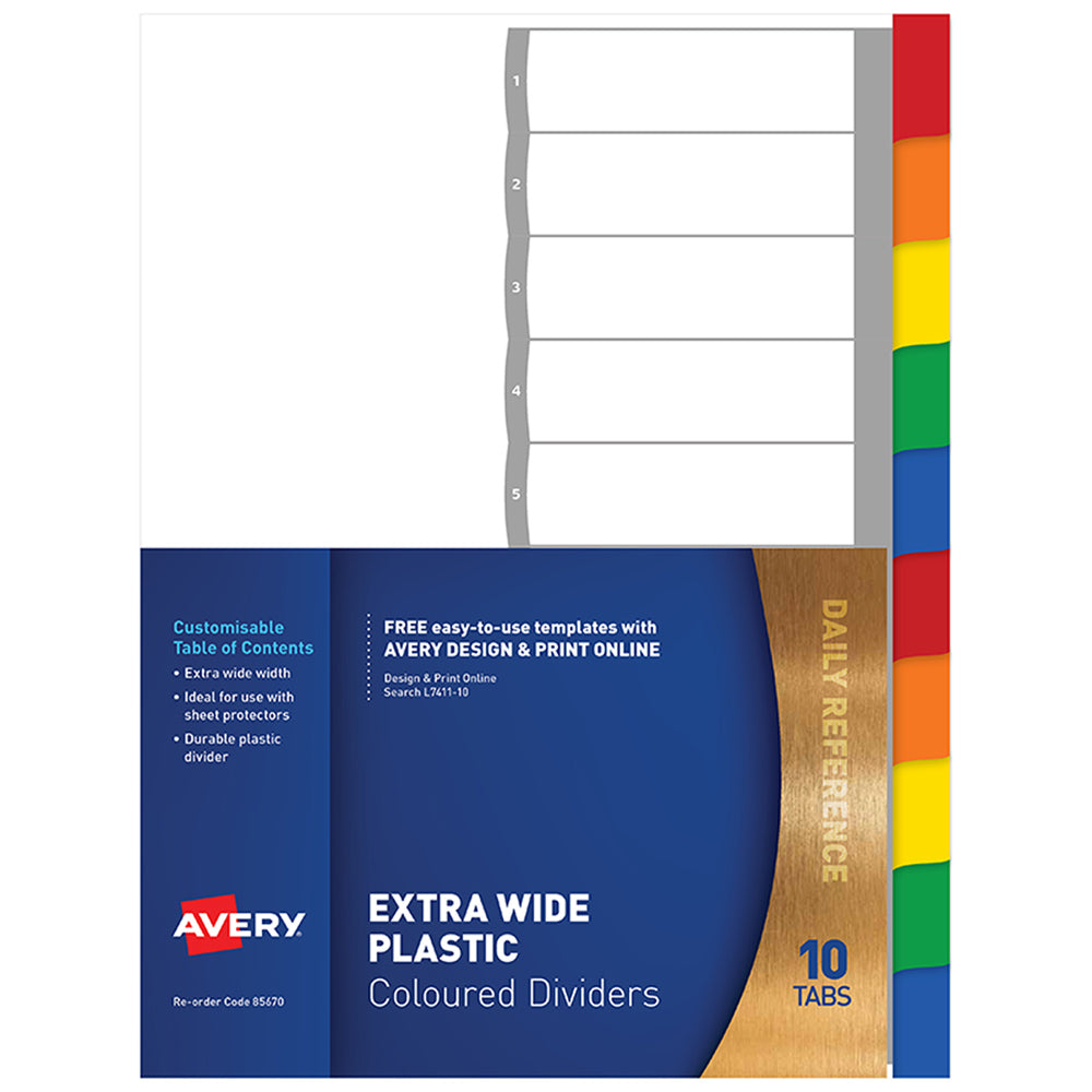 Avery Dividers A4 10 Tab Coloured Pre-Printed Extra Wide L7411-10 - Cafe Supply