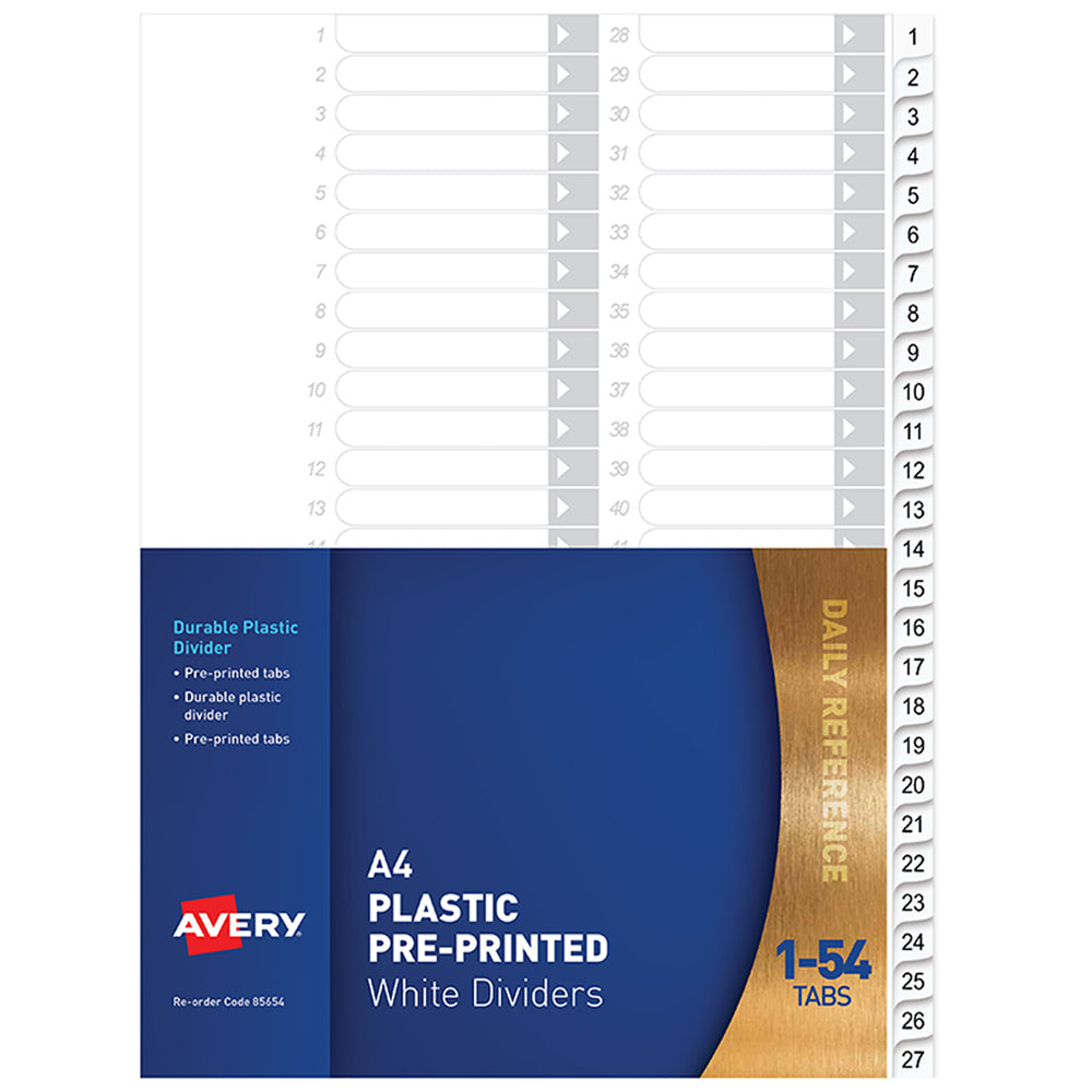 Avery Dividers A4 1-54 Tab White Pre-Printed - Cafe Supply
