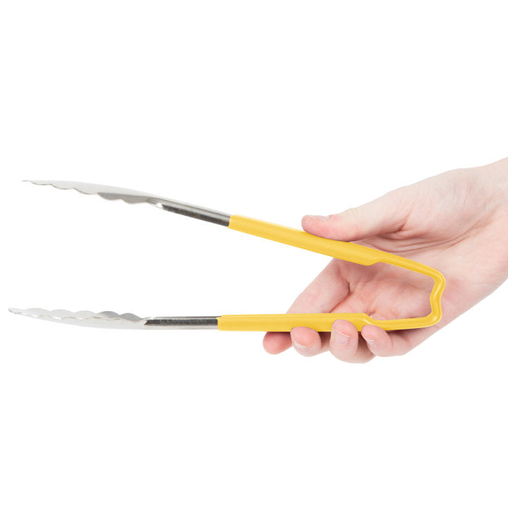 9 ½-inch stainless steel one-piece scalloped tongs with yellow Kool-Touch® handle