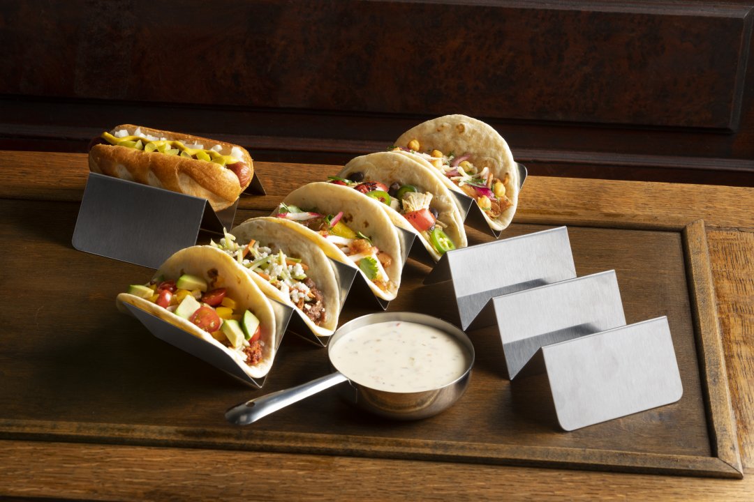 Two- or three-compartment stainless steel taco tray in satin finish