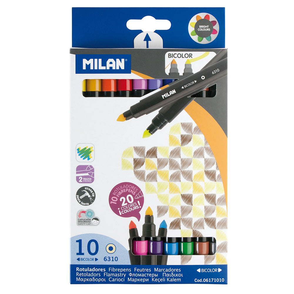 Milan Markers Bicolor Double Ended Tip Pens 10 Pack 20 Assorted Colours - Cafe Supply