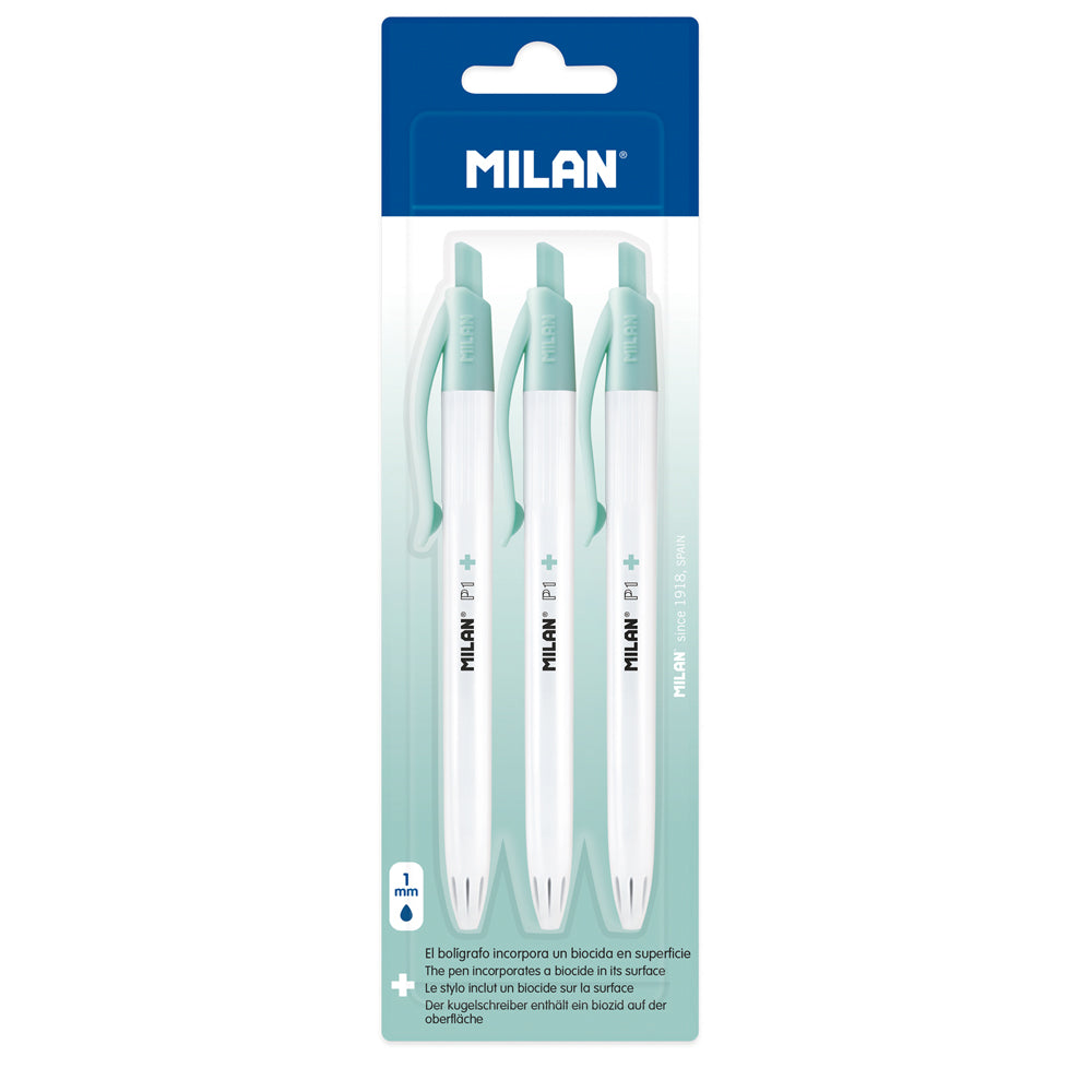 Milan Anti-Bacterial P1+ Ball Point Pen Blue Pack 3 - Cafe Supply