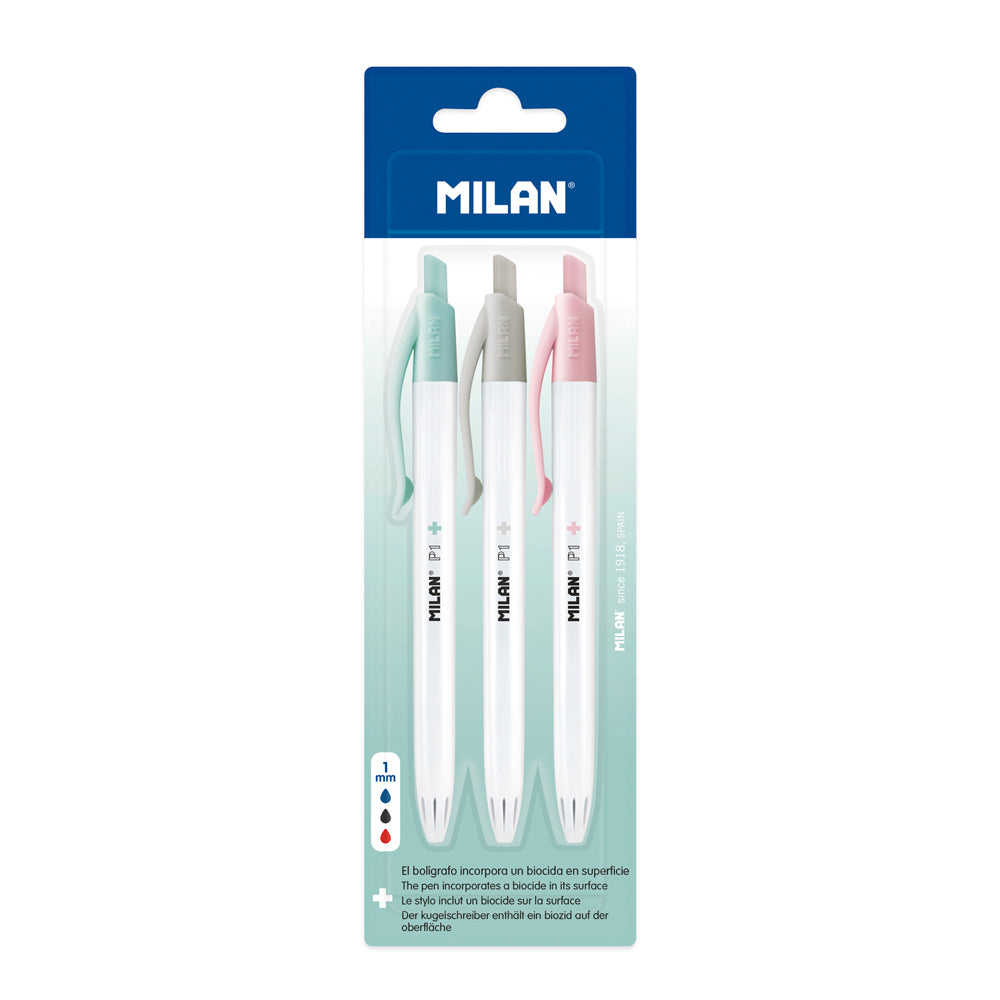 Milan Anti-Bacterial P1+ Ball Point Pen Assorted Pack 3 - Cafe Supply