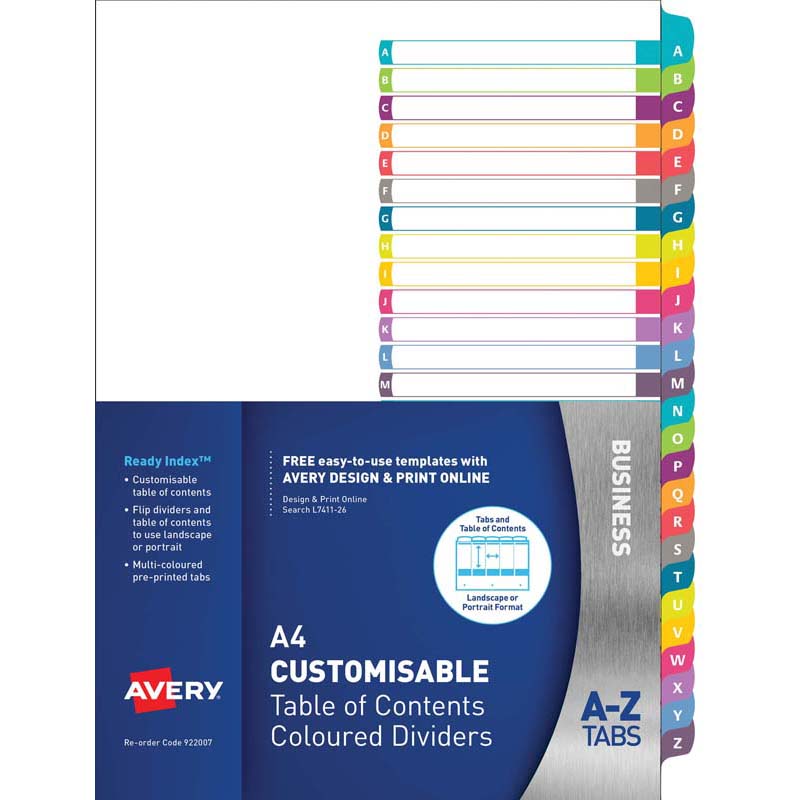 Avery Customisable Table Of Contents A4 A-Z Tabs Coloured L7411-26 - Cafe Supply