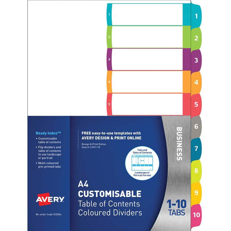 Avery Customisable Table Of Contents A4 1-10 Tabs Coloured L7411-10 - Cafe Supply