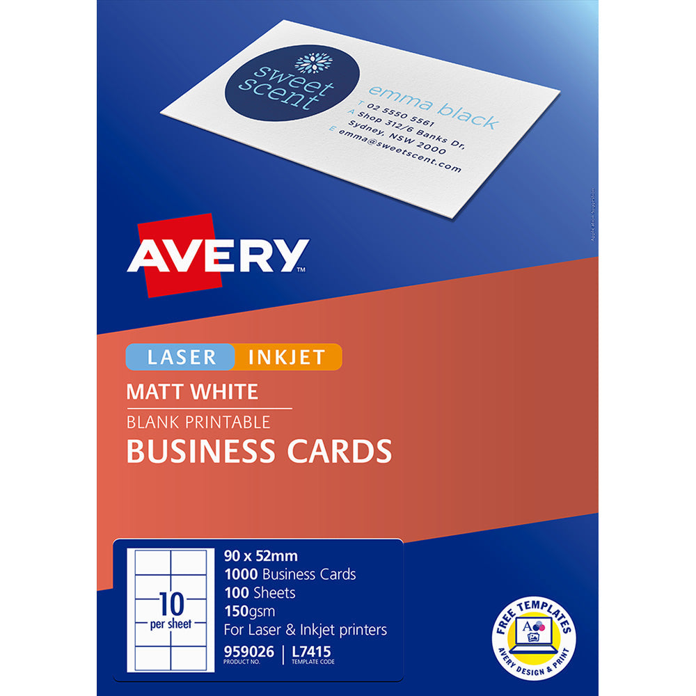 Avery Business Cards L7415-100 10up 100 Sheets Inkjet Laser - Cafe Supply