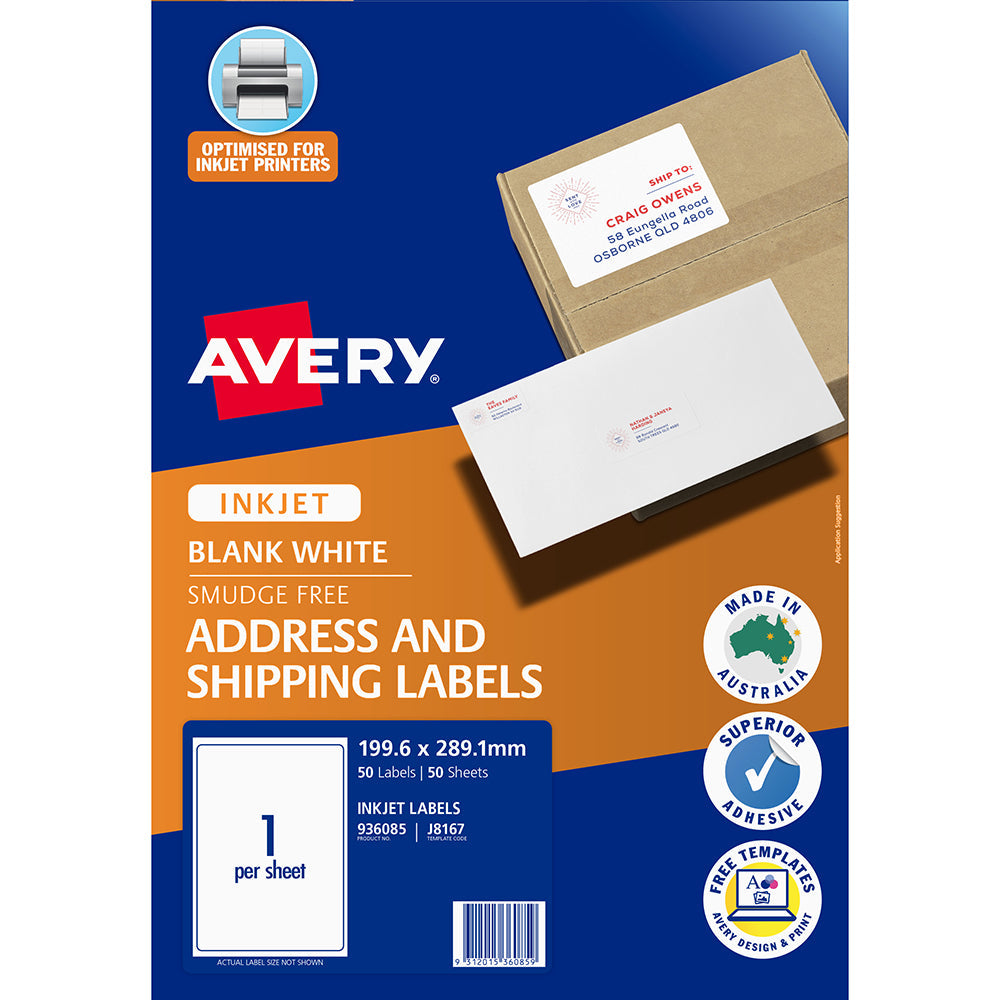 Avery Label J8167-50 Inkjet 1up 50 Sheets 199x289mm - Cafe Supply