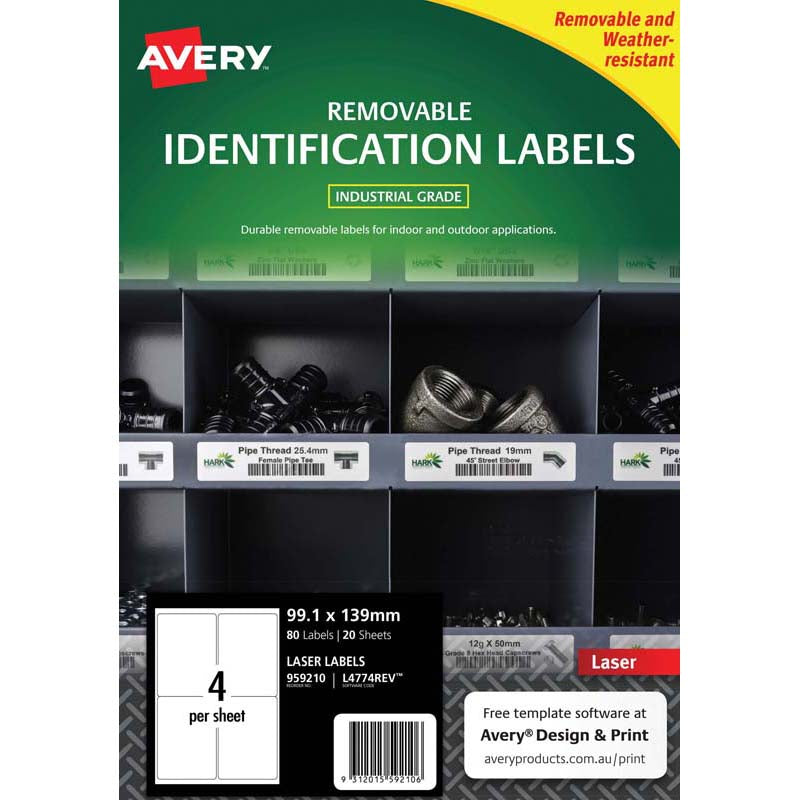 Avery Weather Resistant Removable Label L4774 Laser 99.1x139mm White 4up 20 Sheets - Cafe Supply