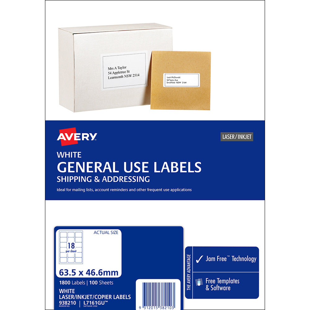 Avery Label L7161 General Use A4 18up 100 Sheets 63x46mm - Cafe Supply