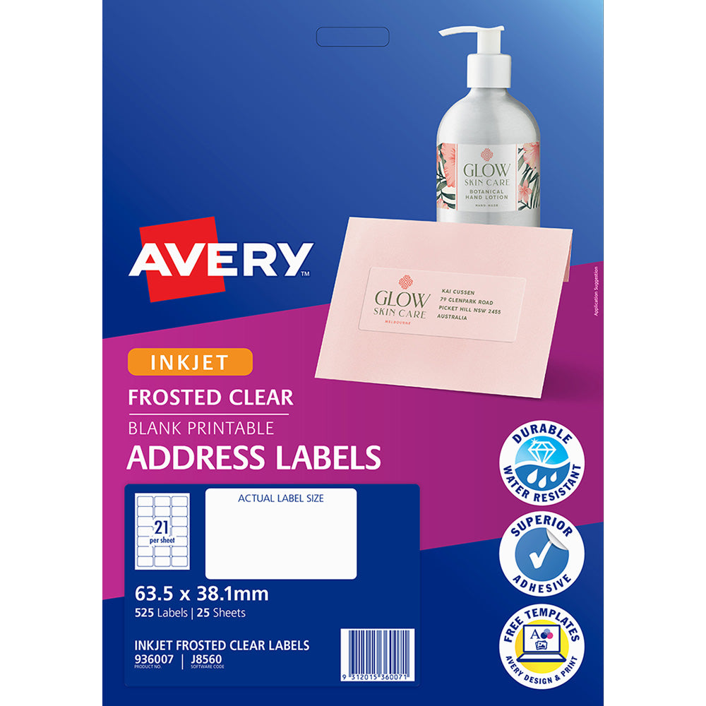 Avery Label J8560 Frosted Clear 63.5mmx38.1mm 21up 25 Sheets Inkjet - Cafe Supply