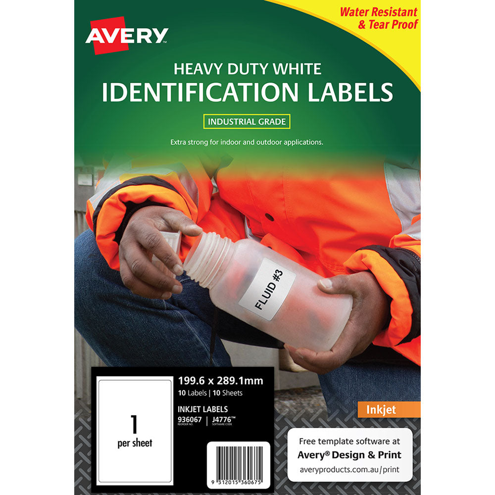 Avery Heavy Duty ID Label J4776 White Inkjet 199.6x289.1mm 1up 10 Sheets - Cafe Supply