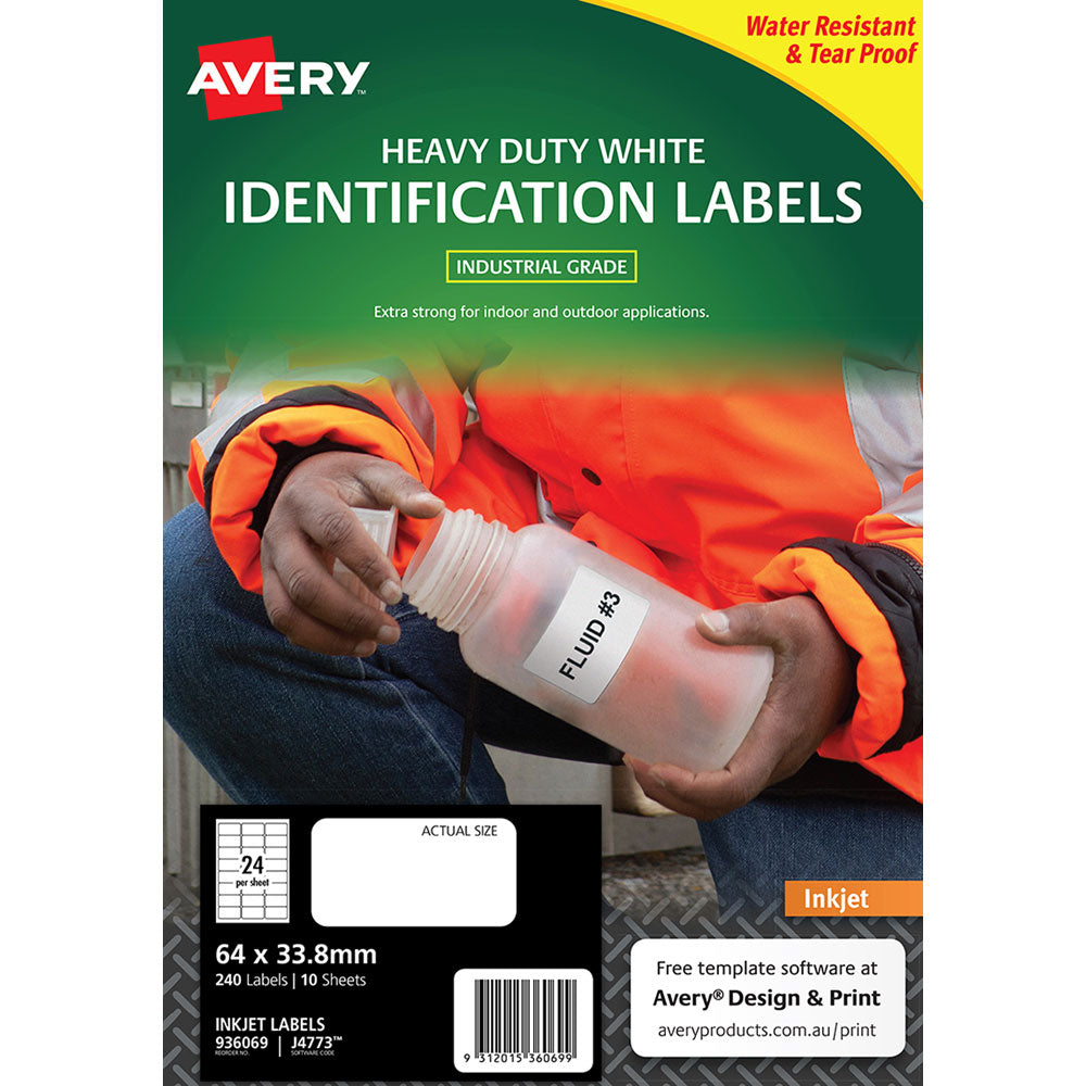 Avery Heavy Duty ID Label J4773 White Inkjet 64x33.8mm 24up 10 Sheets - Cafe Supply