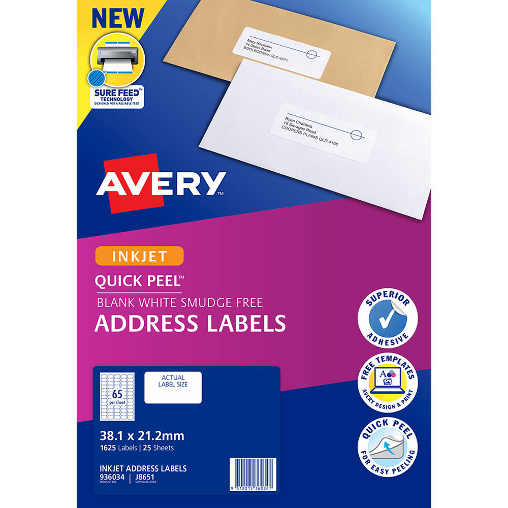 Avery Label J8651-25 Inkjet 65up 25 Sheets 38x21mm - Cafe Supply