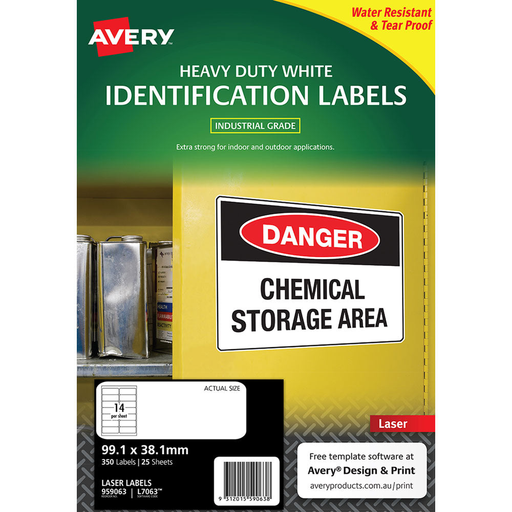 Avery Heavy Duty ID Label L7063 White Laser 99.1x38.1mm 14up 25 Sheets - Cafe Supply