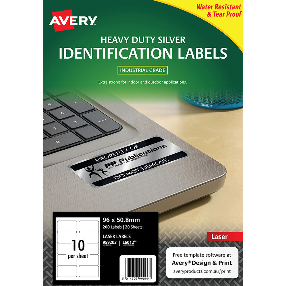 Avery Heavy Duty ID Label L6012 Silver Laser 96x50.8mm 10up 20 Sheets - Cafe Supply