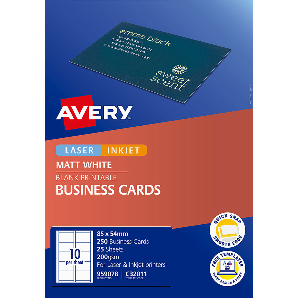 Avery Business Cards Inkjet Laser 10up 25 Sheets C32011 - Cafe Supply