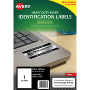 Avery Heavy Duty ID Label L6013 Silver Laser 208x295mm 1up 20 Sheets - Cafe Supply