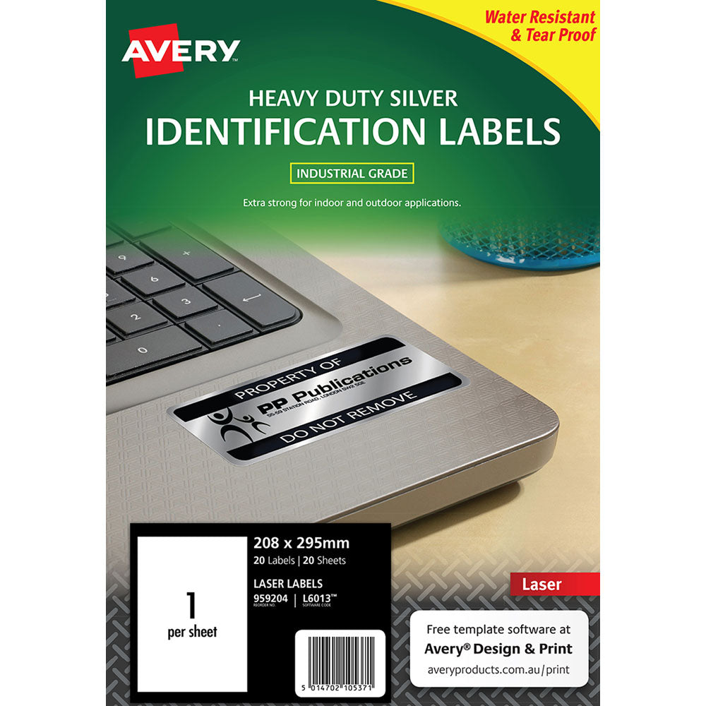 Avery Heavy Duty ID Label L6013 Silver Laser 208x295mm 1up 20 Sheets - Cafe Supply