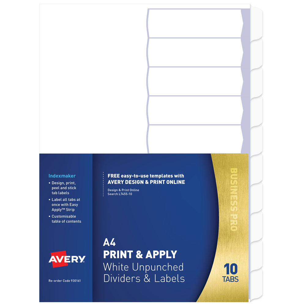 Avery Indexmaker Labels A4 White Unpunched 10 Tab - Cafe Supply