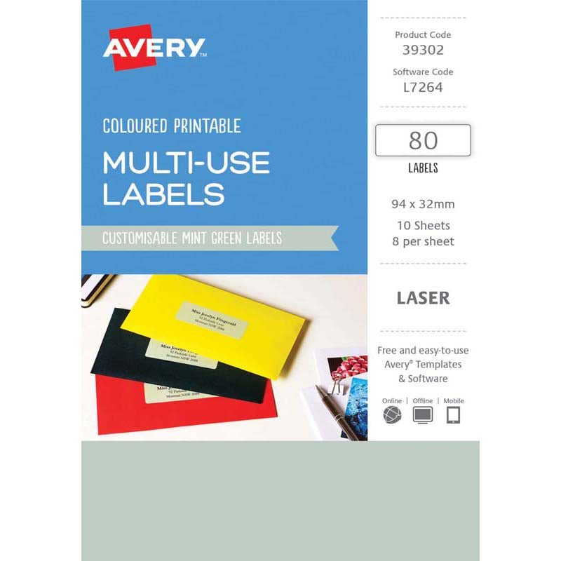 Avery Labels L7264 Mint Green 32x94 A5 8up 10 Sheets - Cafe Supply