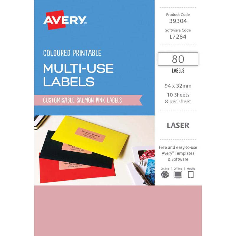 Avery Labels L7264 Salmon 32x94 A5 8up 10 Sheets - Cafe Supply