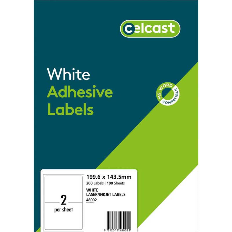 Celcast Labels A4 199.6x143.5mm 2up 100 Sheets - Cafe Supply