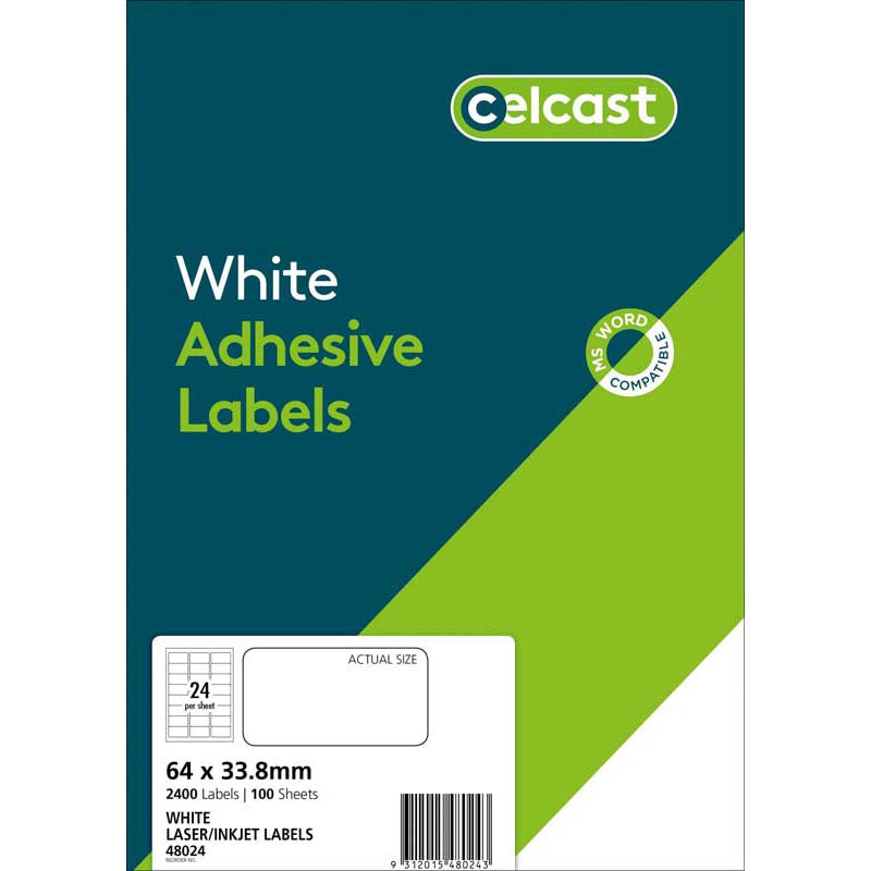 Celcast Labels A4 64x33.8mm 24up 100 Sheets - Cafe Supply