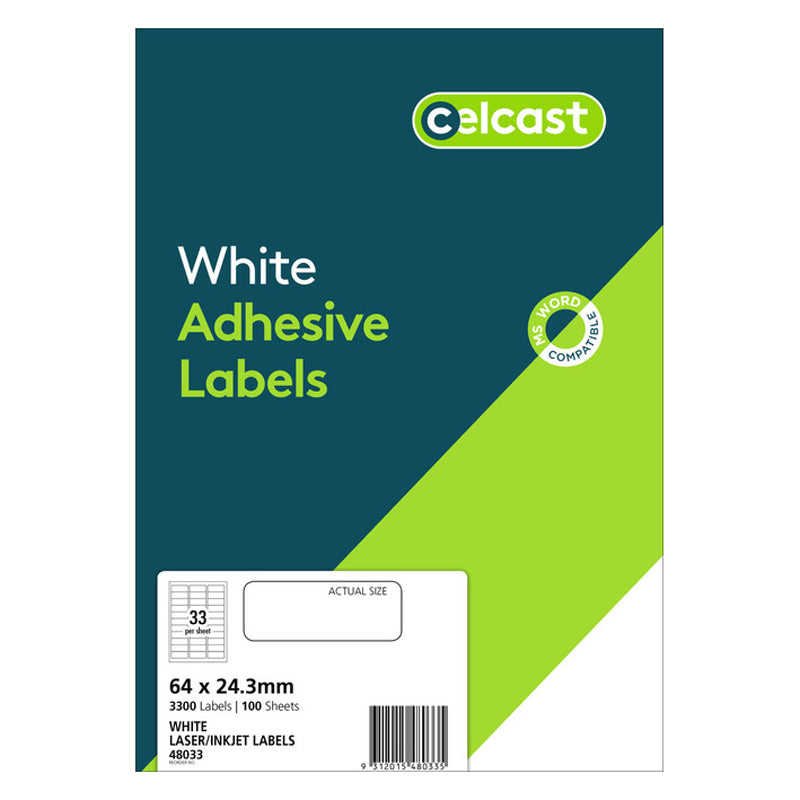Celcast Labels A4 64x24.3mm 33up 100 Sheets - Cafe Supply