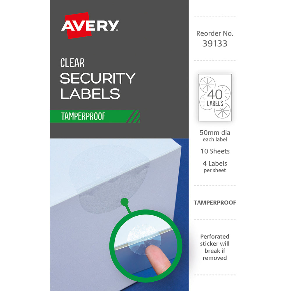 Avery Tamper Proof Label 39133 Clear Dot 50mm 4up 10 Sheets - Cafe Supply
