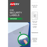 Avery Tamper Proof Label 39133 Clear Dot 50mm 4up 10 Sheets - Cafe Supply