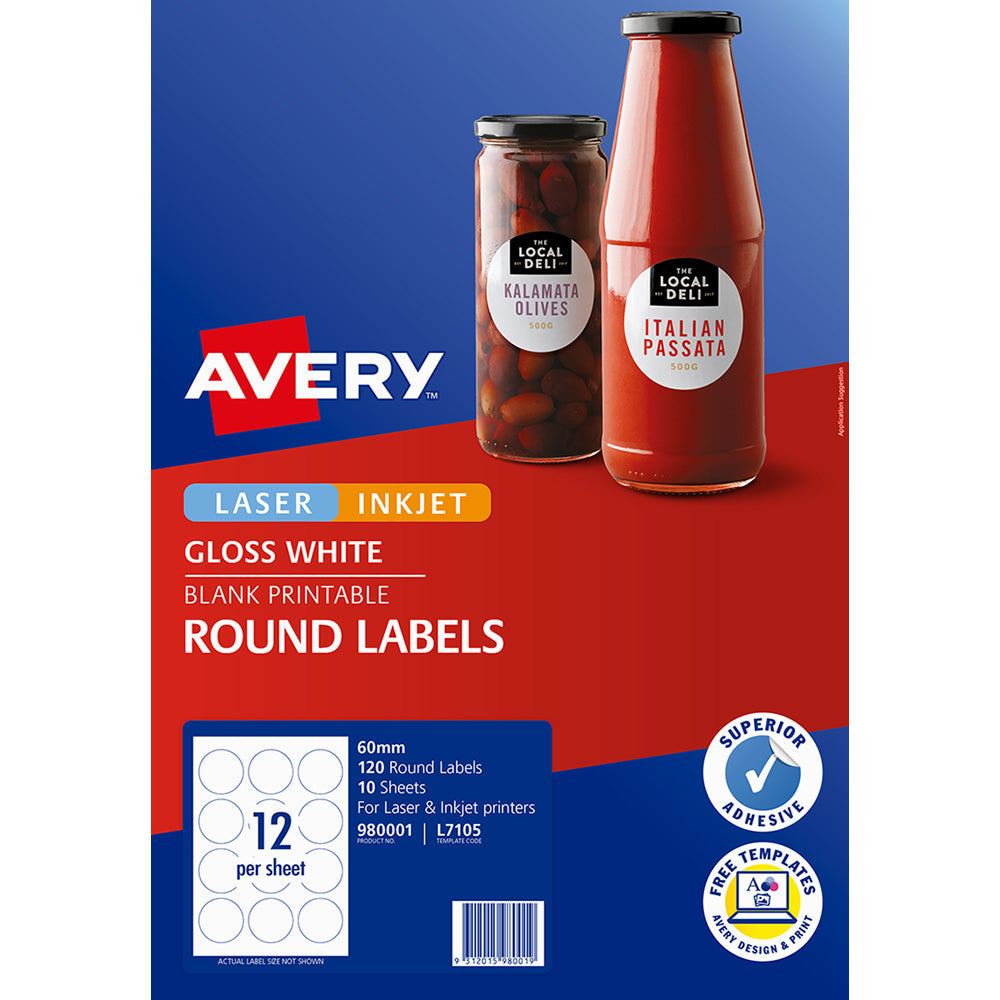 Avery Label L7105 Round White Glossy 60mm 12up 10 Sheets - Cafe Supply